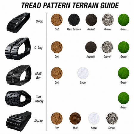 CTL rubber track terrain guide: Block, C Lug, Multi Bar, Turf Friendly, Zigzag for dirt, mud, snow, gravel, asphalt and grass.